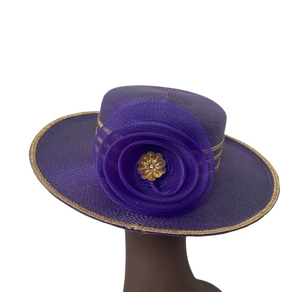 Derby Style Purple Sparkly Metallic Gold Trim Women Church Hat with Bow main image 14